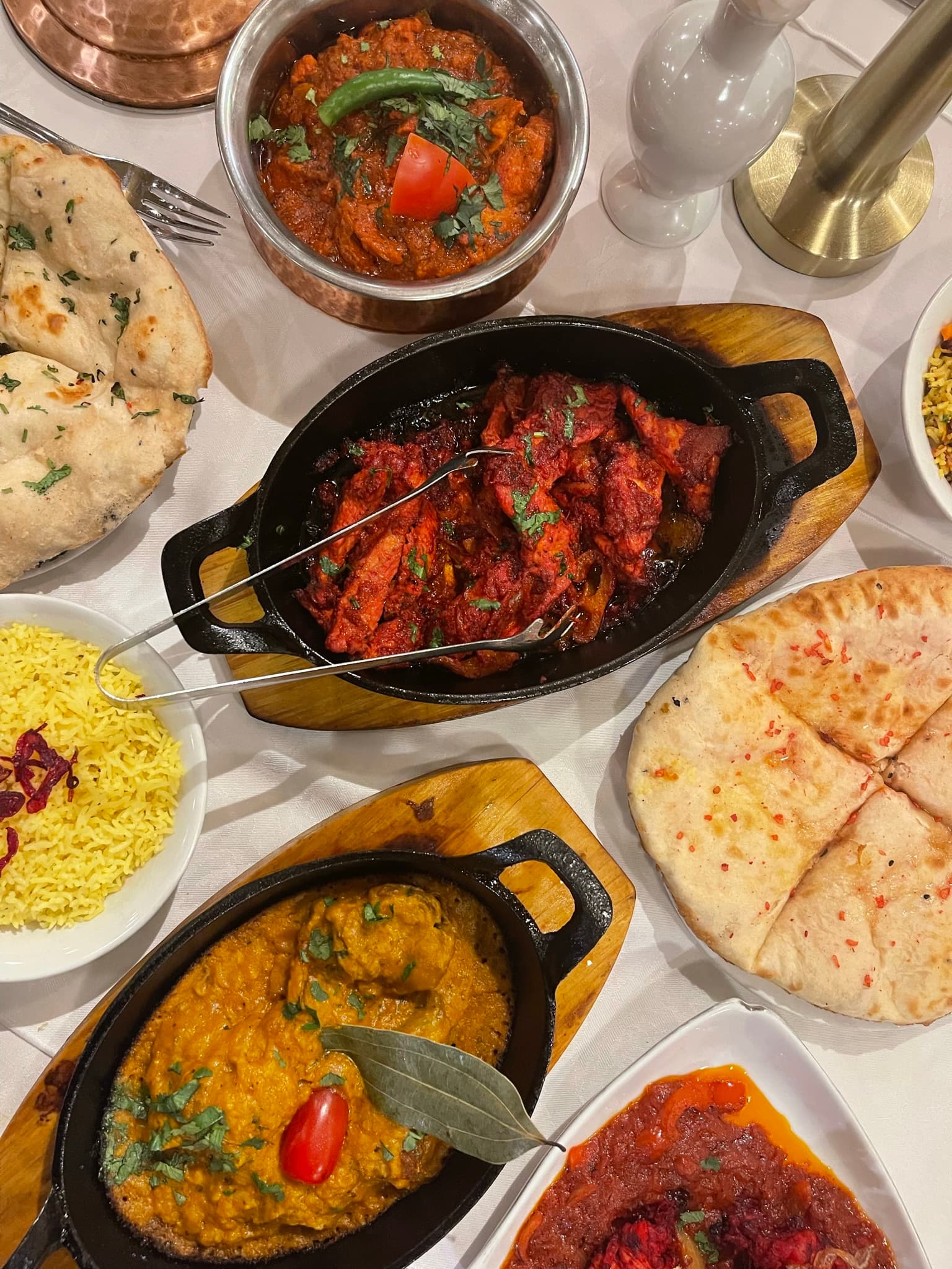Curries, naan and rice from above